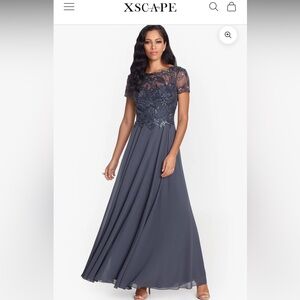 Xscape Charcoal Blue Lace Maxi Dress